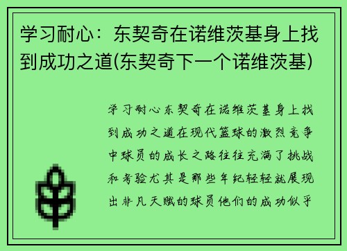 学习耐心：东契奇在诺维茨基身上找到成功之道(东契奇下一个诺维茨基)